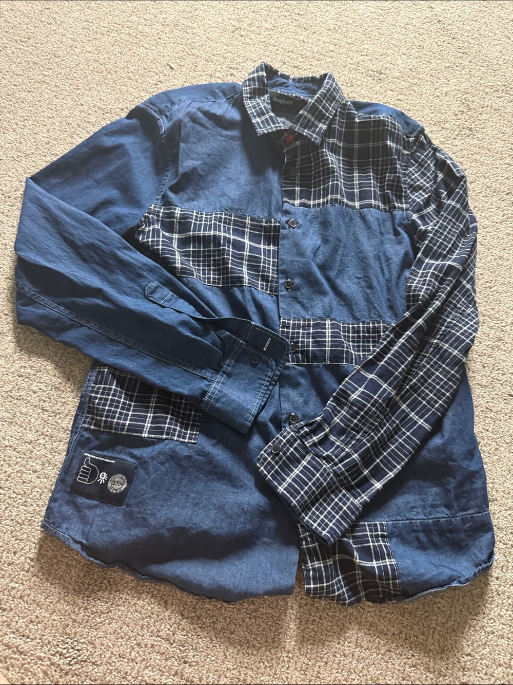Desigual Men's Navy Patchwork Plaid Button-Down Shirt